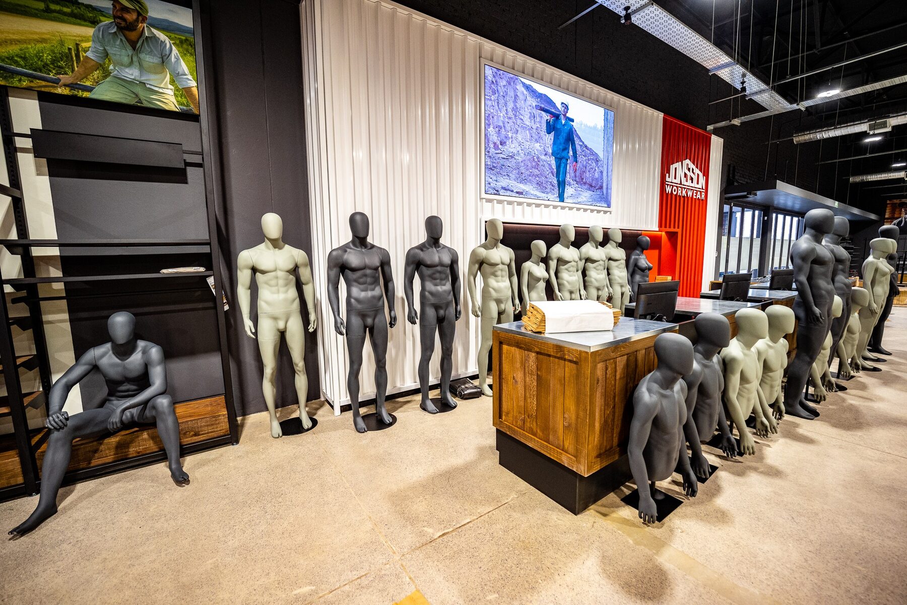 A broad mannequin range displayed inside a Jonsson Workwear store