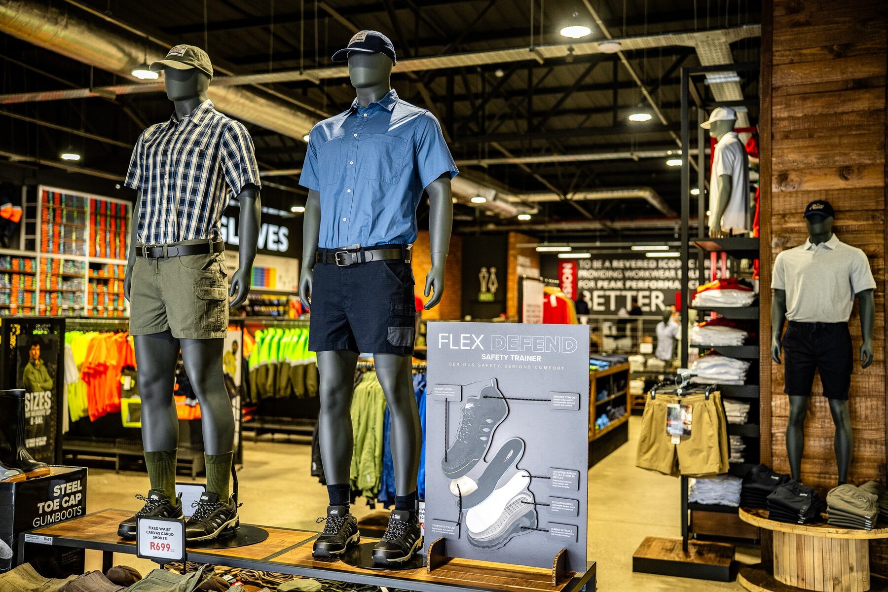 Three male mannequins presenting safety and performance workwear